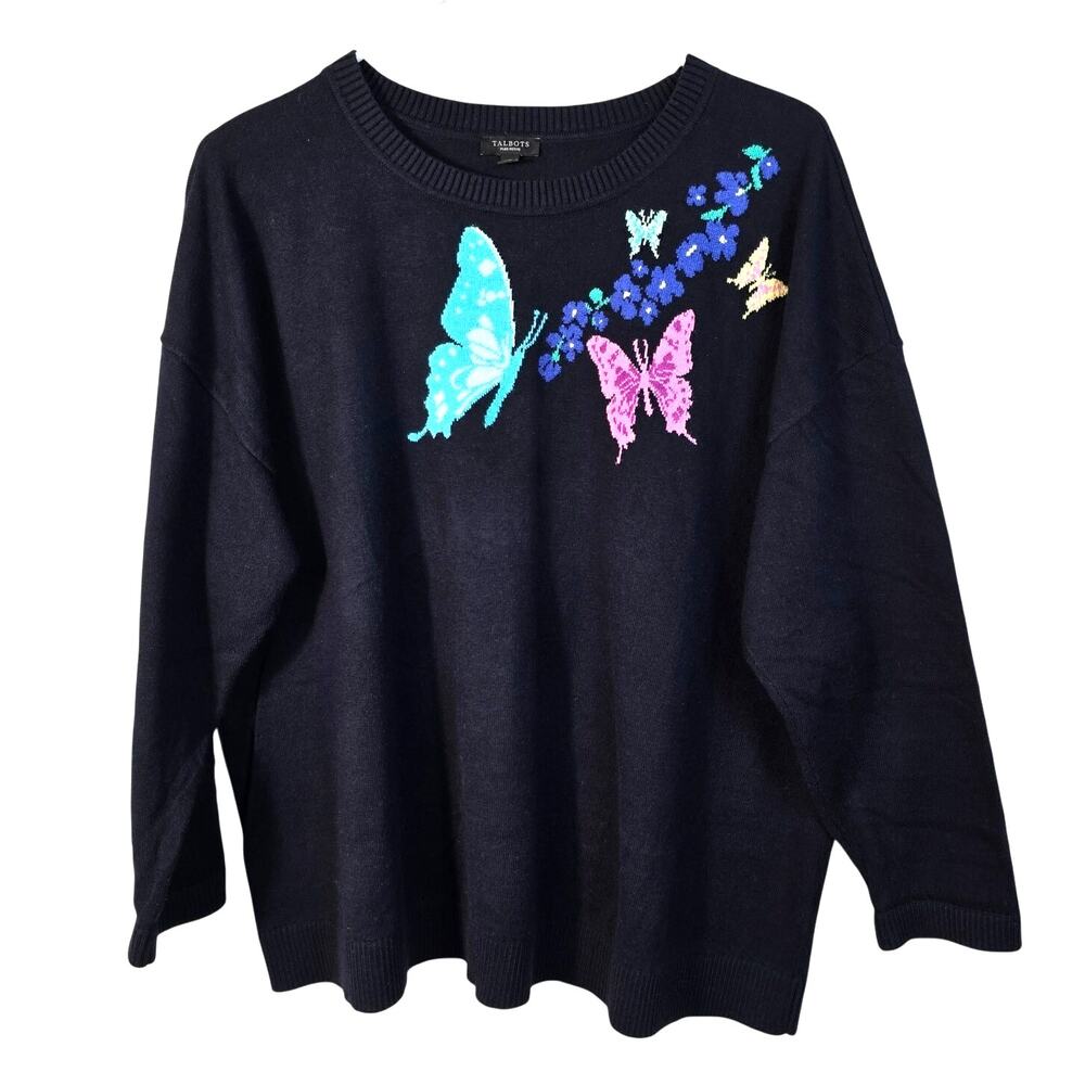 Talbots Sweater Womens 2XP Navy Butterfly Floral Crew Neck Spring Classic Preppy